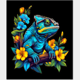 Chameleon Surrounded by Vibrant Spring Flowers Posters and Art