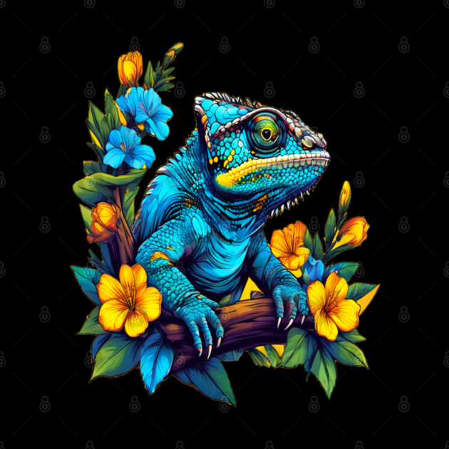 Chameleon Surrounded by Vibrant Spring Flowers by BirdsnStuff