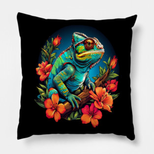 Chameleon Surrounded by Vibrant Spring Flowers Pillow