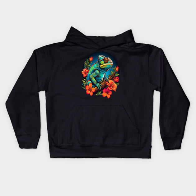 Chameleon Surrounded by Vibrant Spring Flowers Kids Hoodie by BirdsnStuff