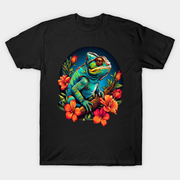 Chameleon Surrounded by Vibrant Spring Flowers T-Shirt by BirdsnStuff
