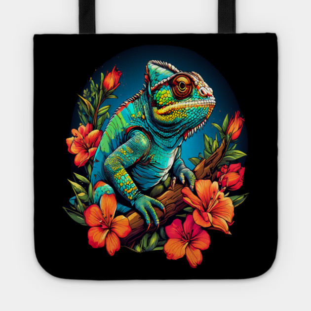 Chameleon Surrounded by Vibrant Spring Flowers Tote by BirdsnStuff
