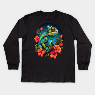 Chameleon Surrounded by Vibrant Spring Flowers Kids Long Sleeve T-Shirt