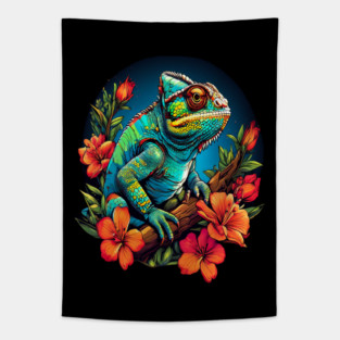 Chameleon Surrounded by Vibrant Spring Flowers Tapestry