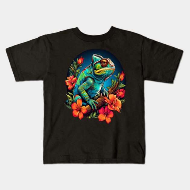 Chameleon Surrounded by Vibrant Spring Flowers Kids T-Shirt by BirdsnStuff