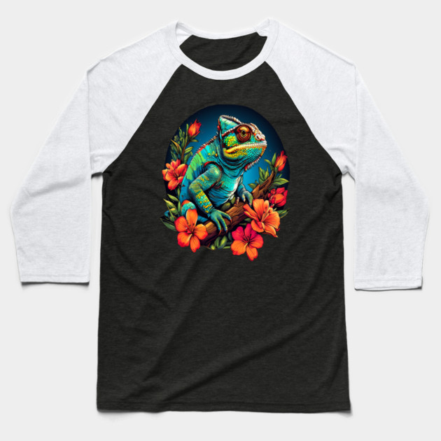 Chameleon Surrounded by Vibrant Spring Flowers Baseball T-Shirt by BirdsnStuff