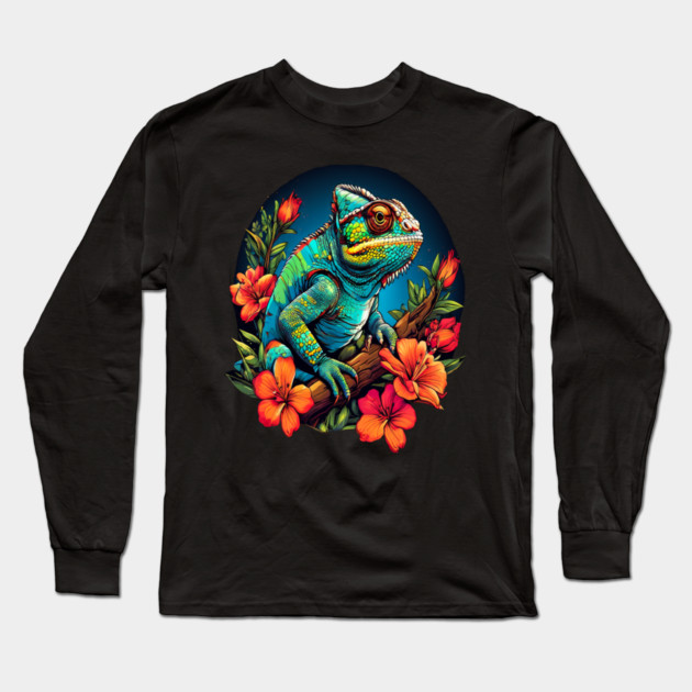 Chameleon Surrounded by Vibrant Spring Flowers Long Sleeve T-Shirt by BirdsnStuff