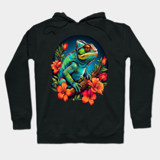 Chameleon Surrounded by Vibrant Spring Flowers Hoodie