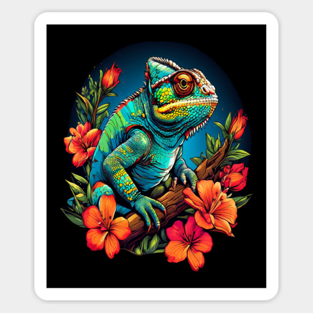 Chameleon Surrounded by Vibrant Spring Flowers Magnet by BirdsnStuff