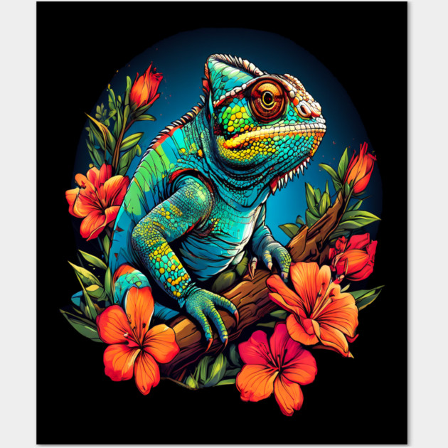 Chameleon Surrounded by Vibrant Spring Flowers Wall Art by BirdsnStuff