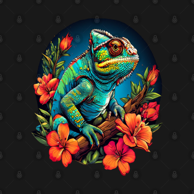 Chameleon Surrounded by Vibrant Spring Flowers by BirdsnStuff