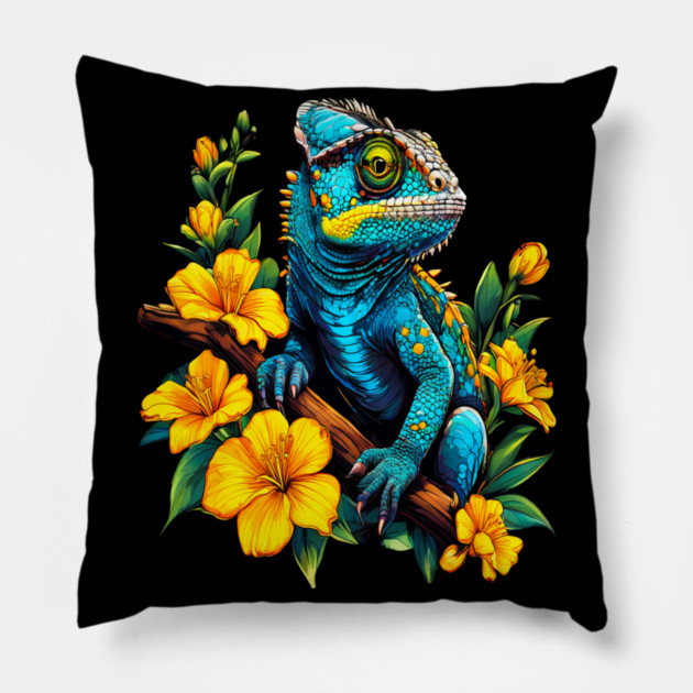 Chameleon Surrounded by Vibrant Spring Flowers Pillow by BirdsnStuff