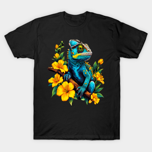 Chameleon Surrounded by Vibrant Spring Flowers T-Shirt by BirdsnStuff