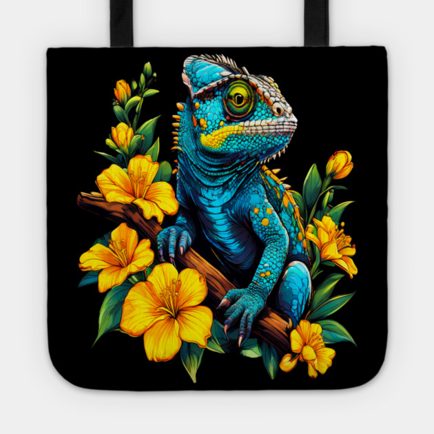 Chameleon Surrounded by Vibrant Spring Flowers Tote by BirdsnStuff