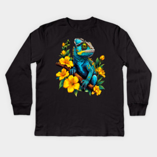 Chameleon Surrounded by Vibrant Spring Flowers Kids Long Sleeve T-Shirt