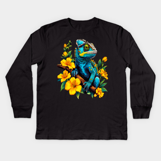 Chameleon Surrounded by Vibrant Spring Flowers Kids Long Sleeve T-Shirt by BirdsnStuff