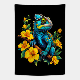 Chameleon Surrounded by Vibrant Spring Flowers Tapestry