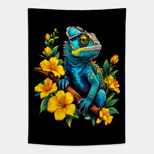 Chameleon Surrounded by Vibrant Spring Flowers Tapestry by BirdsnStuff