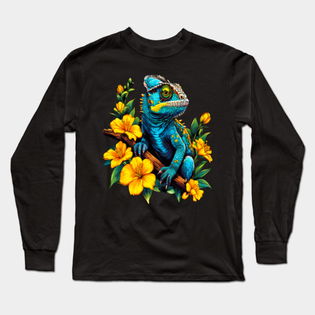 Chameleon Surrounded by Vibrant Spring Flowers Long Sleeve T-Shirt by BirdsnStuff