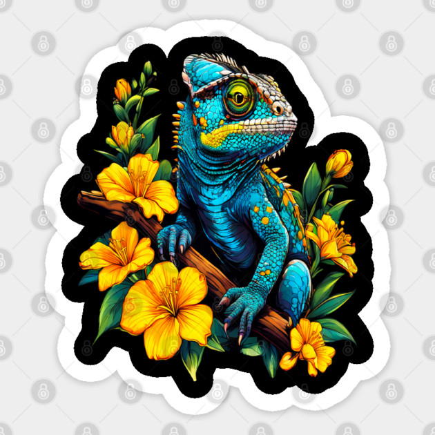 Chameleon Surrounded by Vibrant Spring Flowers Sticker by BirdsnStuff