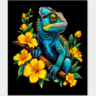 Chameleon Surrounded by Vibrant Spring Flowers Posters and Art