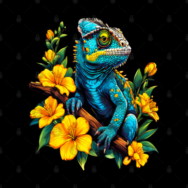 Chameleon Surrounded by Vibrant Spring Flowers by BirdsnStuff