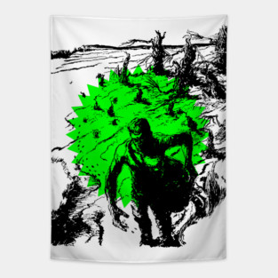 REVISTANGO #297 - Creature Rising beneath the Radioactive Sky, Jagged Green Light Surrounding a Shadowed Form in Bold Black Lines, 1950s Horror Pulp Energy Radiating through Retro Sci-Fi Darkness Vintage Art Retro Style Comic Pulp Tapestry