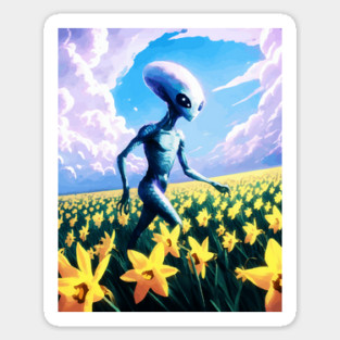 Alien walking through a vast field of yellow daffodils 4 Magnet