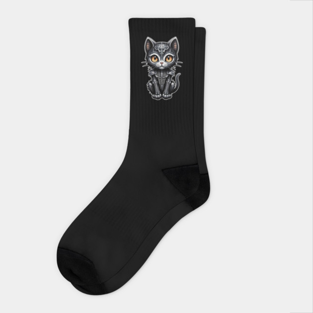 Black Skeleton Cat 4 Socks by Grave Digs