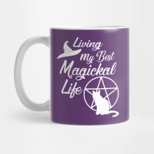 Living My Best Magickal Life Cheeky Witch Cat and Pentacle Mug