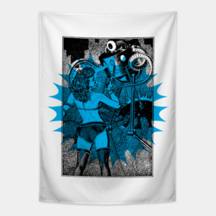 REVISTANGO #295 - Cyan Stargazer Adjusting the Giant Telescope beneath Electric Constellations, Spiked Shadows and Luminous Lines Framing a Retro-Futurist Scene of Cosmic Machinery and 1950s Sci-Fi Allure Vintage Art Retro Style Comic Pulp Tapestry