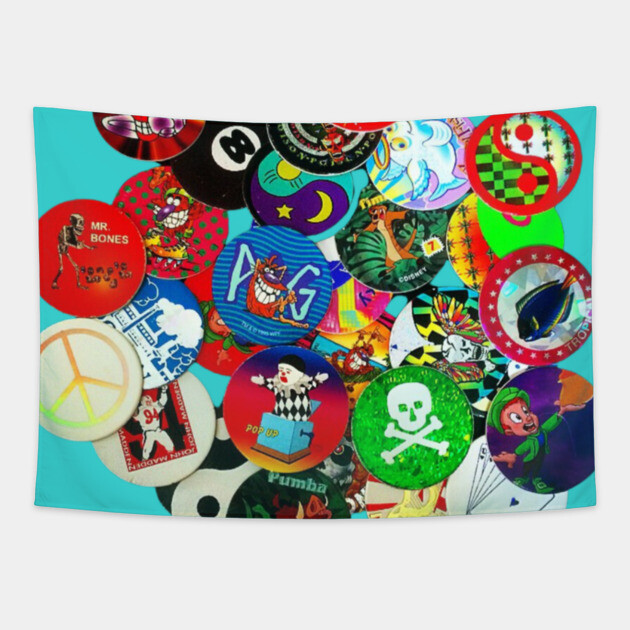 Pile of Pogs 90s Tapestry by casualteesinc
