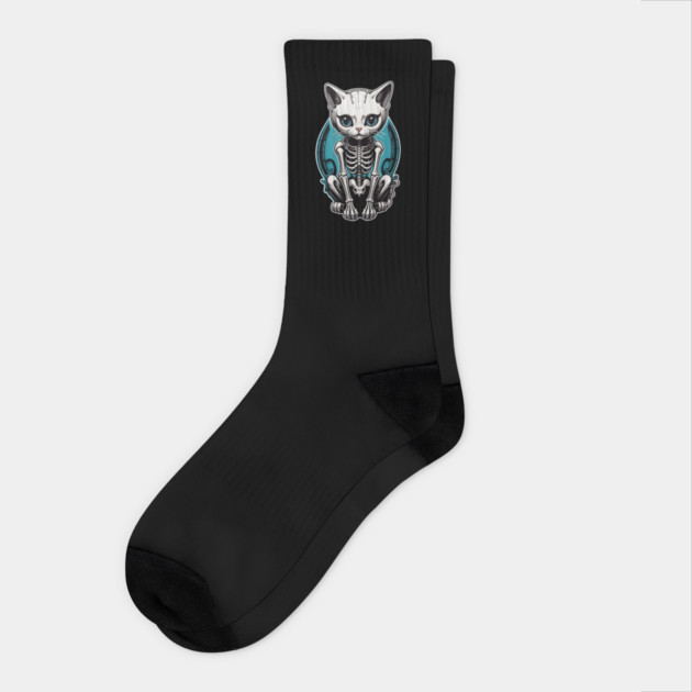 White Skeleton Cat 3 Socks by Grave Digs