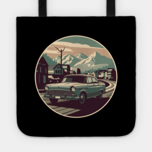 60s style Car driving through the town Tote