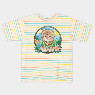 Hawaiian Cat with Flowers Kids T-Shirt