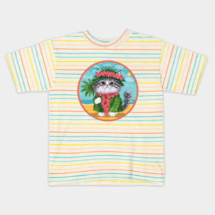 Hawaiian Cat on the Beach Kids T-Shirt
