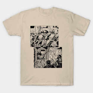 REVISTANGO #317 - Two-Level Battle Scene Design with Armored Warriors and Commanding Figure beneath Arched Structures, Composition of Strength, Chaos, and Motion Rendered through Detailed Linework Vintage Art Retro Style Comic Pulp T-Shirt