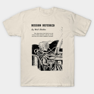 REVISTANGO #324 - Mission Deferred Design Featuring Alien Form Reaching toward a Sleeping Human and Spacecraft Viewing Earth, Fusion of Fear, Curiosity, and Cosmic Awe through Detailed Linework Vintage Art Retro Style Comic Pulp T-Shirt