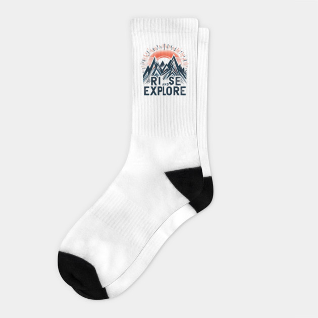 Rise and Explore – Adventure Mountain Hiking Graphic Gift Socks by MakerMind8.2