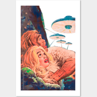 REVISTANGO #350 - Invasion from Beyond As Terrified Lovers Hide Among the Rocks While UFOs Glow Overhead, Their Fear Reflected in the Cold Metallic Light of an Unseen World, Sci-Fi Vintage Art Retro Style Comic Pulp Posters and Art