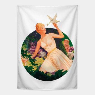 REVISTANGO #344 - Forest Enchantress In Ivory Dress Reaching Toward a Dove Bearing a Flower While a Playful Faun Watches, Painted in Luminous Greens and Violets That Capture the Magic of Nature and Grace, Pin-Up Vintage Art Retro Style Comic Pulp Tapestry
