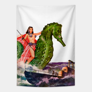 REVISTANGO #341 - Jewel-Clad Sea Goddess Riding a Giant Seahorse Above the Waves as a Submarine Battles the Storm, Painted in Electric Colors and Surging Motion That Capture the Power of Ocean and Desire, Pin-Up Vintage Art Retro Style Comic Pulp Tapestry