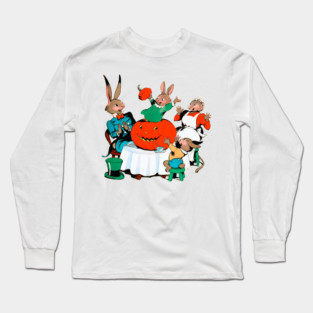 REVISTANGO #353 - Pumpkin Party A Joyful Halloween Celebration with a Rabbit Family Around a Glowing Jack-O’-Lantern, Laughter and Warm Color Filling the Air in Classic Storybook Style, Funny Vintage Art Retro Style Comic Pulp Long Sleeve T-Shirt