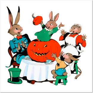 REVISTANGO #353 - Pumpkin Party A Joyful Halloween Celebration with a Rabbit Family Around a Glowing Jack-O’-Lantern, Laughter and Warm Color Filling the Air in Classic Storybook Style, Funny Vintage Art Retro Style Comic Pulp Posters and Art