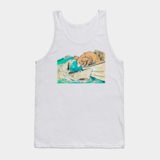 REVISTANGO #358 - The Dog and the Shark A Tale of Curiosity and Courage Painted in Teal and Foam Where Land’s Loyalty Meets the Wild Mystery of the Ocean, Fantasy Vintage Art Retro Style Comic Pulp Tank Top