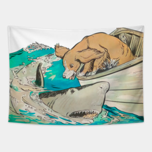 REVISTANGO #358 - The Dog and the Shark A Tale of Curiosity and Courage Painted in Teal and Foam Where Land’s Loyalty Meets the Wild Mystery of the Ocean, Fantasy Vintage Art Retro Style Comic Pulp Tapestry