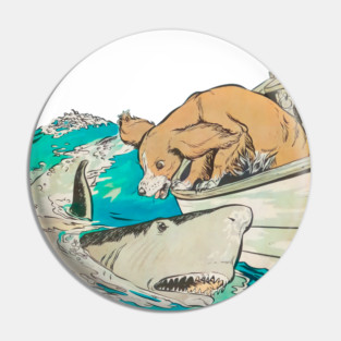 REVISTANGO #358 - The Dog and the Shark A Tale of Curiosity and Courage Painted in Teal and Foam Where Land’s Loyalty Meets the Wild Mystery of the Ocean, Fantasy Vintage Art Retro Style Comic Pulp Pin
