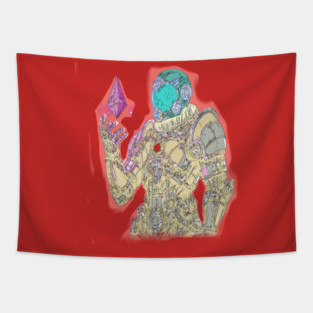 Futuristic Space Explorer Illustration With Magic Stone Tapestry