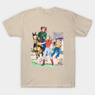 REVISTANGO #384 - Sheriff’s Office Showdown How Broncho Bill and the Blonde Brought in the Bad Man, Western, Vintage Art Retro Style Comic Pulp T-Shirt