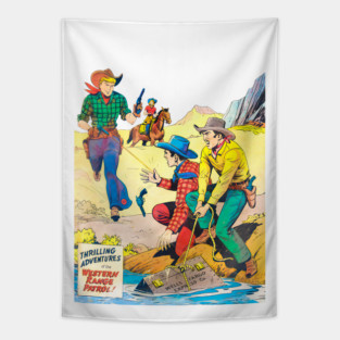 REVISTANGO #393 - Thrilling Adventures of the Western Range Patrol — When the Wells Fargo Chest Sparked Gunfire and Broncho Bill Charged Down the Canyon to Face Two Desperados Caught Red-Handed by the Riverbank, Vintage Art Retro Style Comic Pulp Tapestry